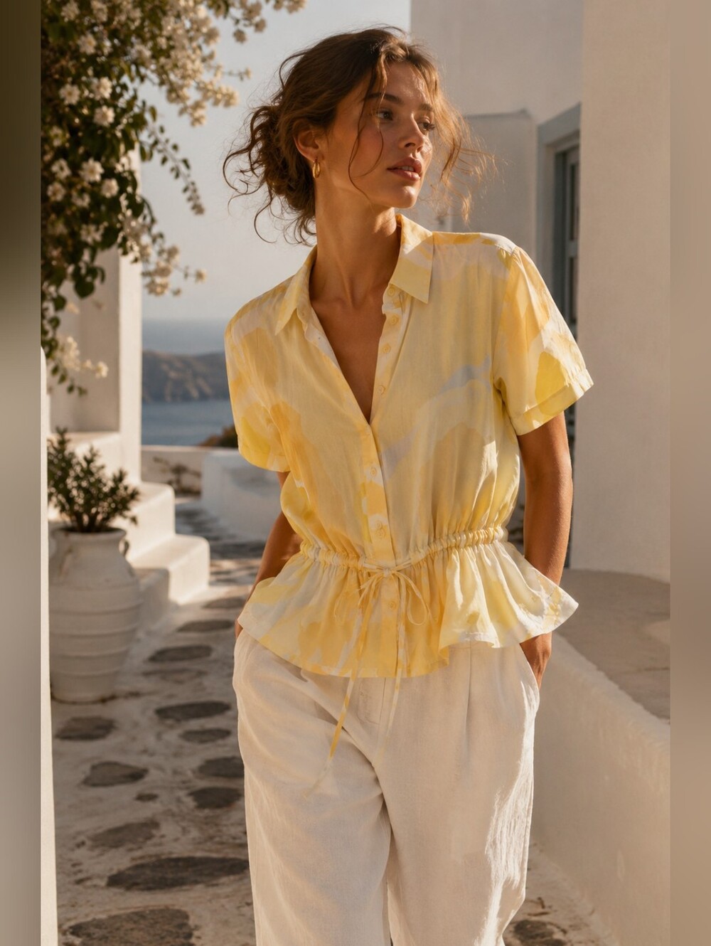 STINE GOYA Makayla Yellow Abstract Print Peplum Blouse